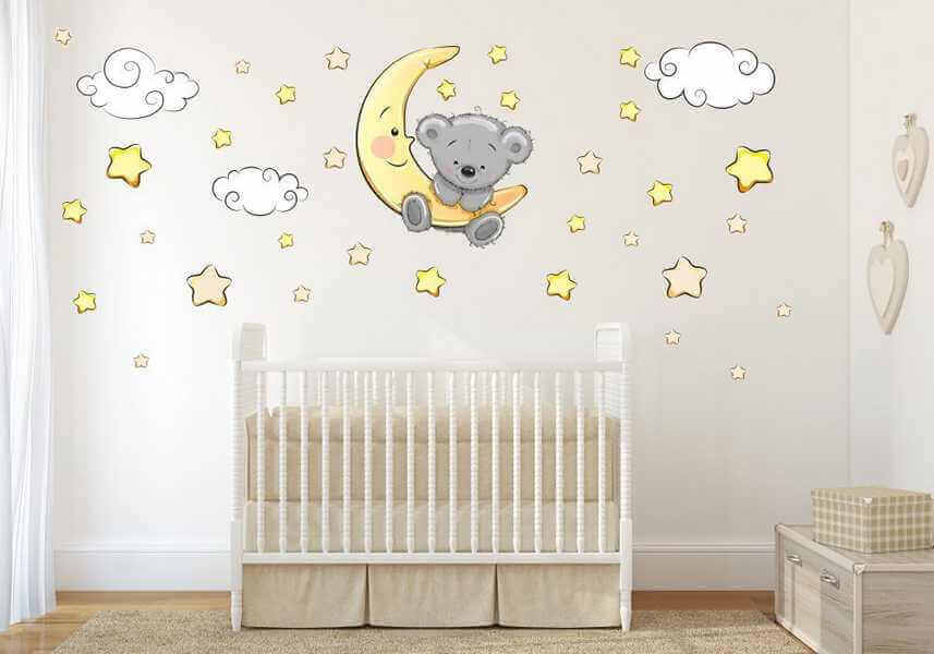 Baby Wandtattoo Teddy auf dem Mond